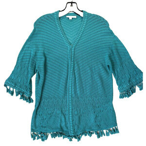 Chico's Cardigan Top Womens Medium‎ Teal Crochet Fringe Tassel Boho Cottagecore